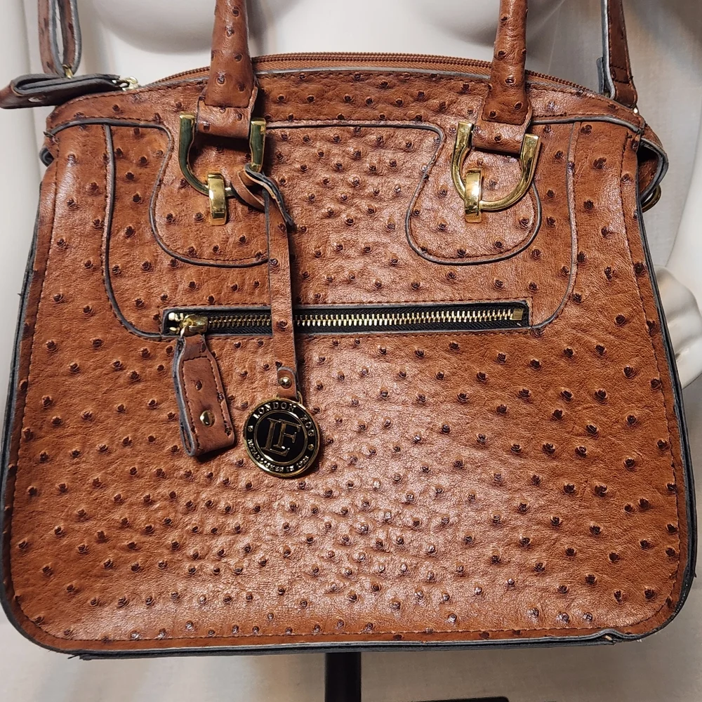 London Fog Brown Faux Leather Ostrich Satchel Bag w/ Detachable Strap